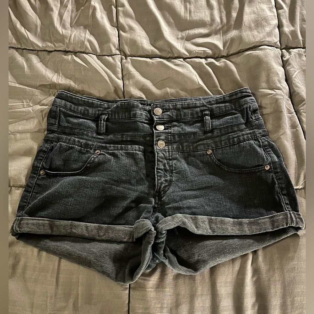 Black denim high rise shorts